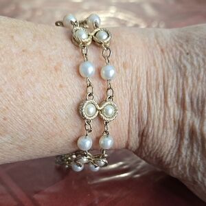 Gold and White Double-Strand Bracelet with Round Beads